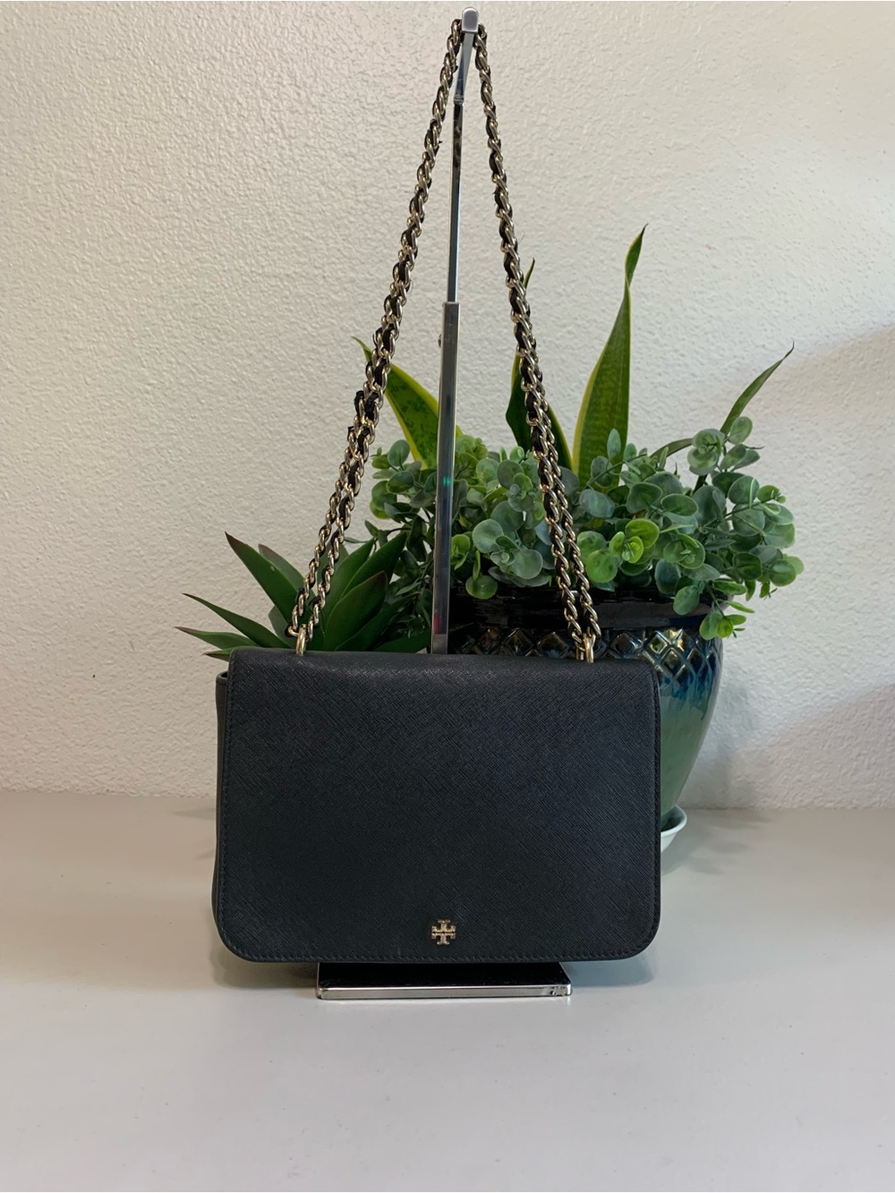 👜💕 Tory Burch Black Saffiano Leather Chain Shoulder Bag